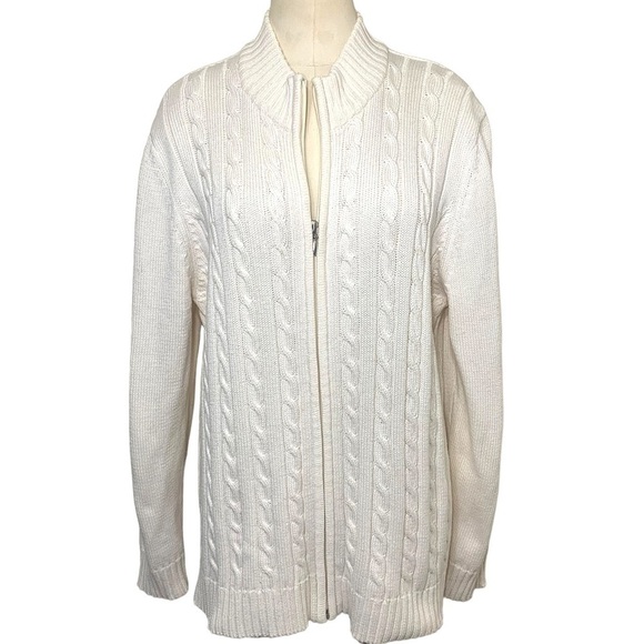 Tradition Country Zip Cardigan Sweater Sz L Off-White Cable Knit Classic Top - Picture 1 of 8